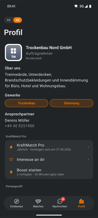 Android: Firmenprofil mit Gewerken und KraftMatch Pro