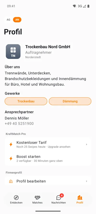 Android: Firmenprofil mit Gewerken und KraftMatch Pro