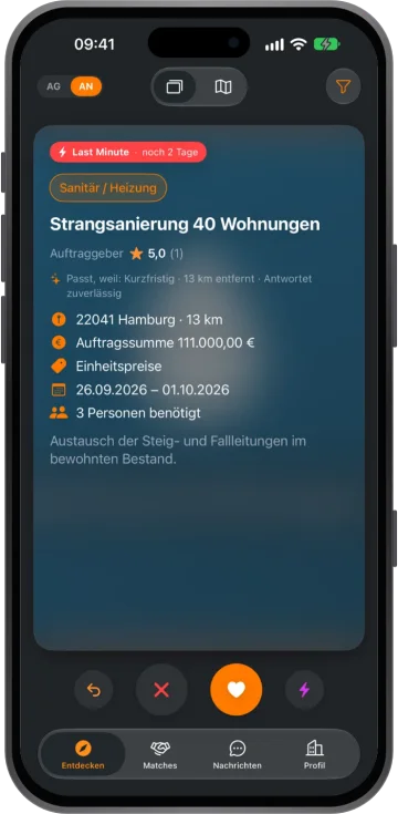 KraftMatch auf dem iPhone: Auftragskarte „Strangsanierung 40 Wohnungen“ mit Gewerk, Auftragssumme und Zeitraum
