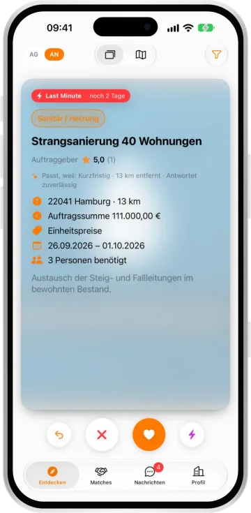 KraftMatch auf dem iPhone: Auftragskarte „Strangsanierung 40 Wohnungen“ mit Gewerk, Auftragssumme und Zeitraum