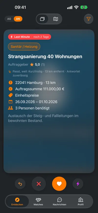 Swipe-Stapel mit einem Last-Minute-Auftrag für Sanitär und Heizung in Hamburg