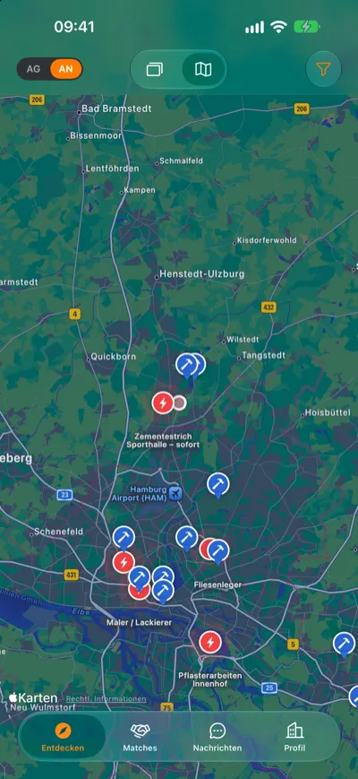 Kartenansicht mit Auftrags-Pins rund um Hamburg