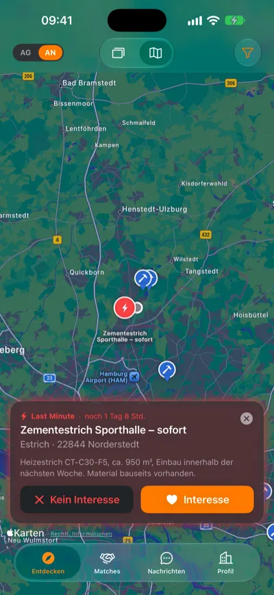 Vorschau eines Last-Minute-Auftrags auf der Karte mit Buttons Kein Interesse und Interesse