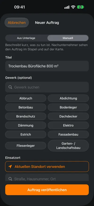 Formular Neuer Auftrag mit Gewerkauswahl und Einsatzort