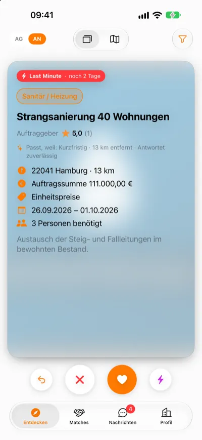 Swipe-Stapel mit einem Last-Minute-Auftrag für Sanitär und Heizung in Hamburg