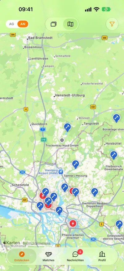 Kartenansicht mit Auftrags-Pins rund um Hamburg