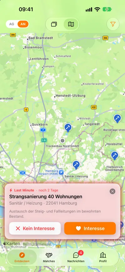 Vorschau eines Last-Minute-Auftrags auf der Karte mit Buttons Kein Interesse und Interesse
